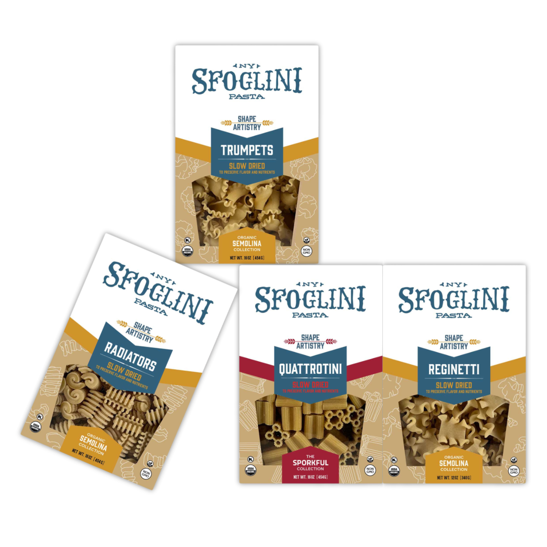 Sfoglini Semolina Specialty Pasta Sampler - Organic Drurum Semolina Trumpets, Quattrotini with the Sporkful, Reginetti, Radiators