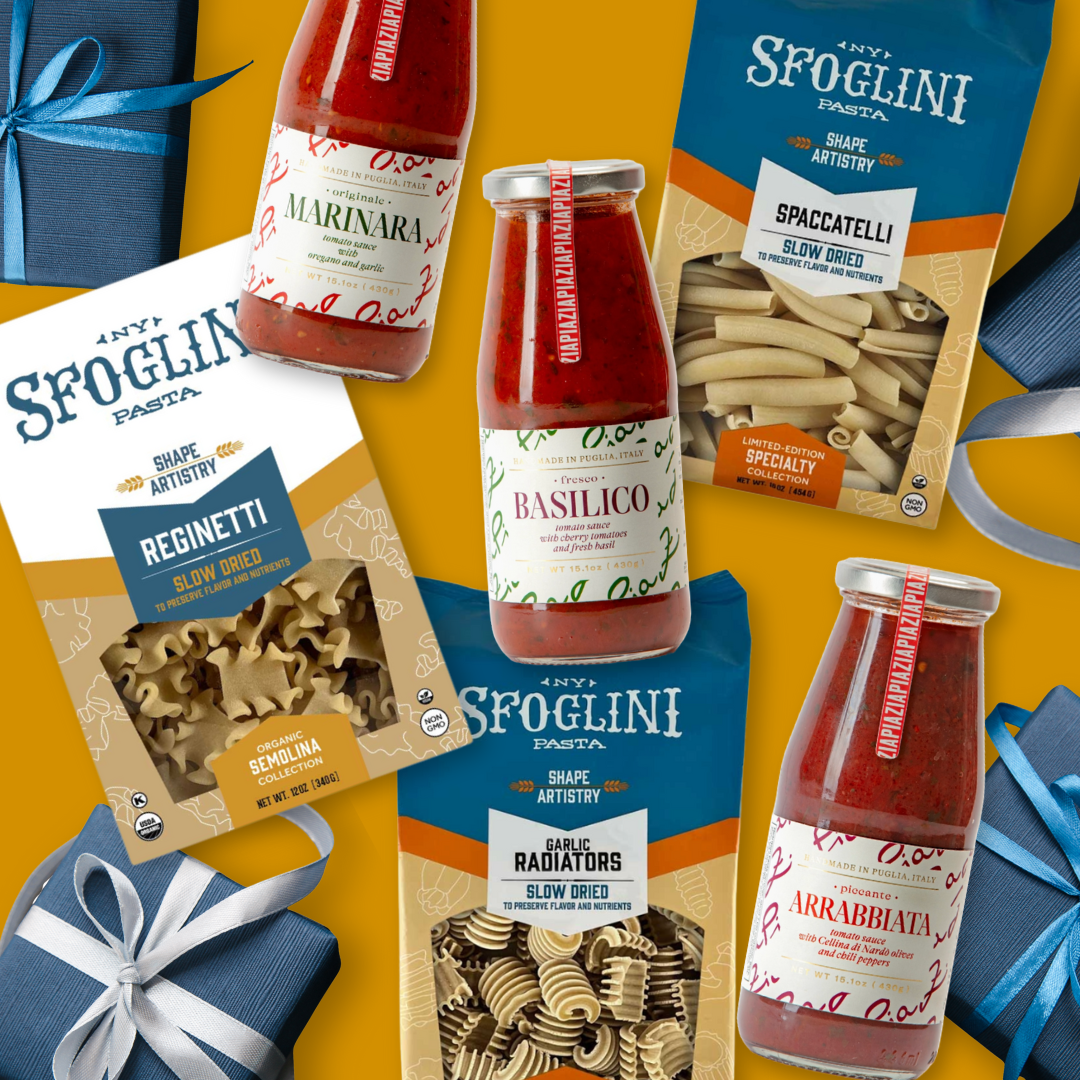 Sfoglini Classic Italian Pantry Set - Pasta boxes and sauce bottles on a yellow background