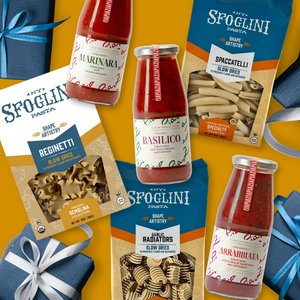 Sfoglini Classic Italian Pantry Set - Pasta boxes and sauce bottles on a yellow background