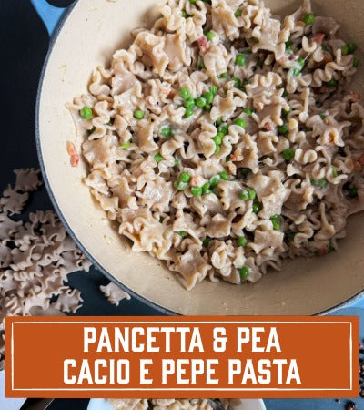 Sfoglini Pasta Recipe: Pancetta & Pea Cacio e Pepe with Whole Grain Reginetti in a pan with text overlay "Pancetta & Pea Cacio e Pepe Pasta"