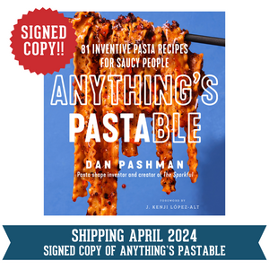 Shipping April 2024. Signed ANYTHING’S PASTABLE: 81 Inventive Pasta Recipes For Saucy People Cookbook & The Sporkful Variety Pasta Set (Cascatelli, Quattrotini, Vesuvio)