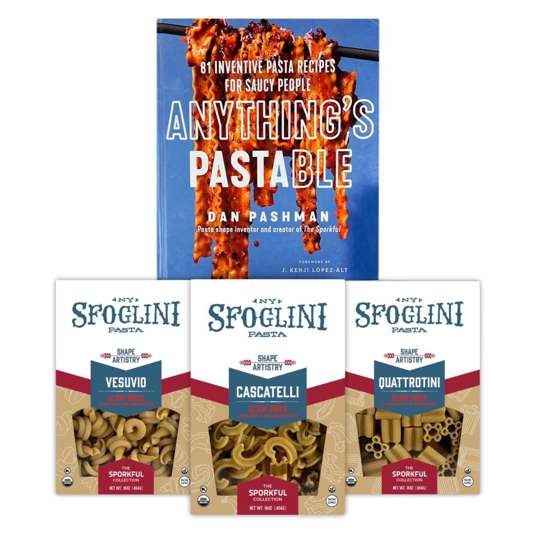 Sporkful Dan Pashman Anything's Pastable Cookbook and Sfoglini Pasta Trio - Cascatelli, Quattrotini, Vesuvio