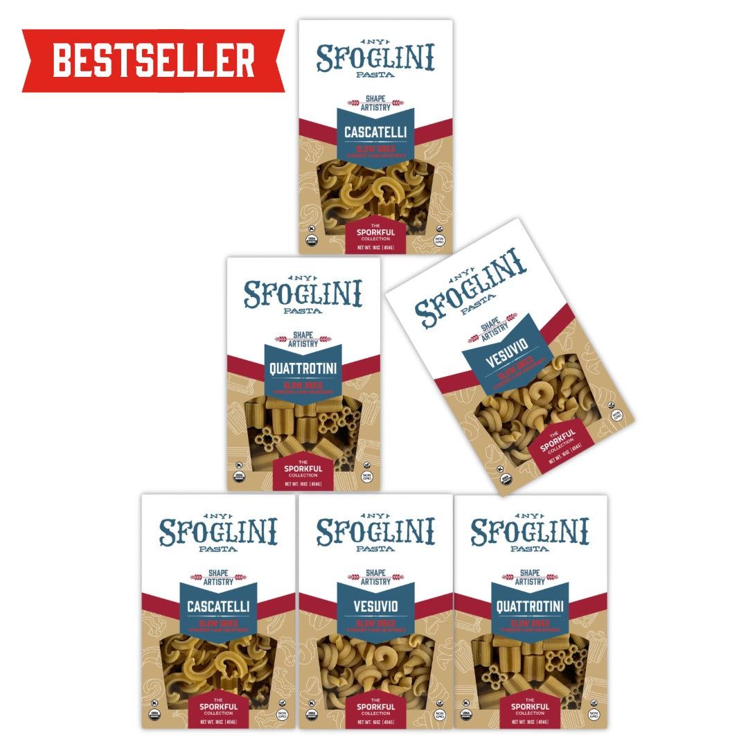 The Sporkful Collection: Cascatelli, Quattrotini, and Vesuvio pasta bags on white background with text "BESTSELLER"