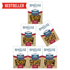 The Sporkful Collection: Cascatelli, Quattrotini, and Vesuvio pasta bags on white background with text "BESTSELLER"