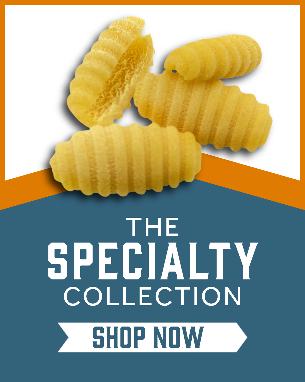 Saffron Malloreddus pasta on a blue and orange background with 'The Specialty Collection'  and 'Shop Now' text.