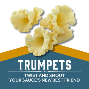 Three ruffled pasta pieces with text on a blue and yellow background with text "Trumpets - TWIST AND SHOUT
YOUR SAUCE’S NEW BEST FRIEND"