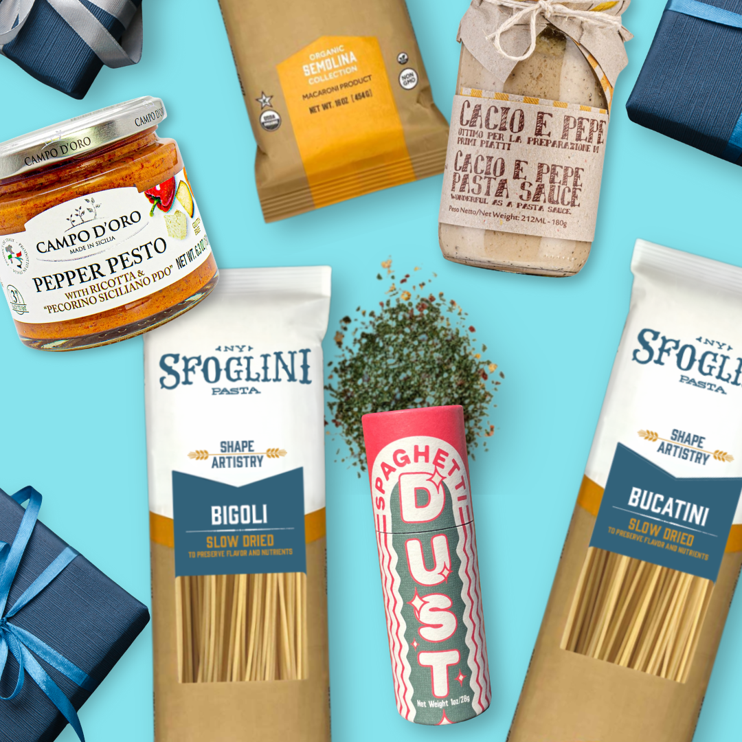 Sfoglini Twirl & Savor Pasta Set: Assorted pasta products and ingredients on a blue background