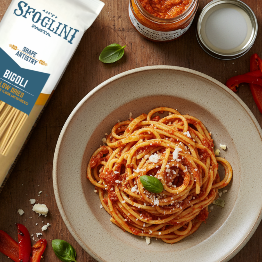 Sfoglini Twirl & Savor Pasta Set: Pasta dish with Sfoglini pasta packaging on a wooden table