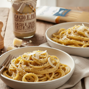 Sfoglini Twirl & Savor Pasta Set: Two bowls of bucatini with a jar of Cacio e Pepe pasta sauce on a wooden table.