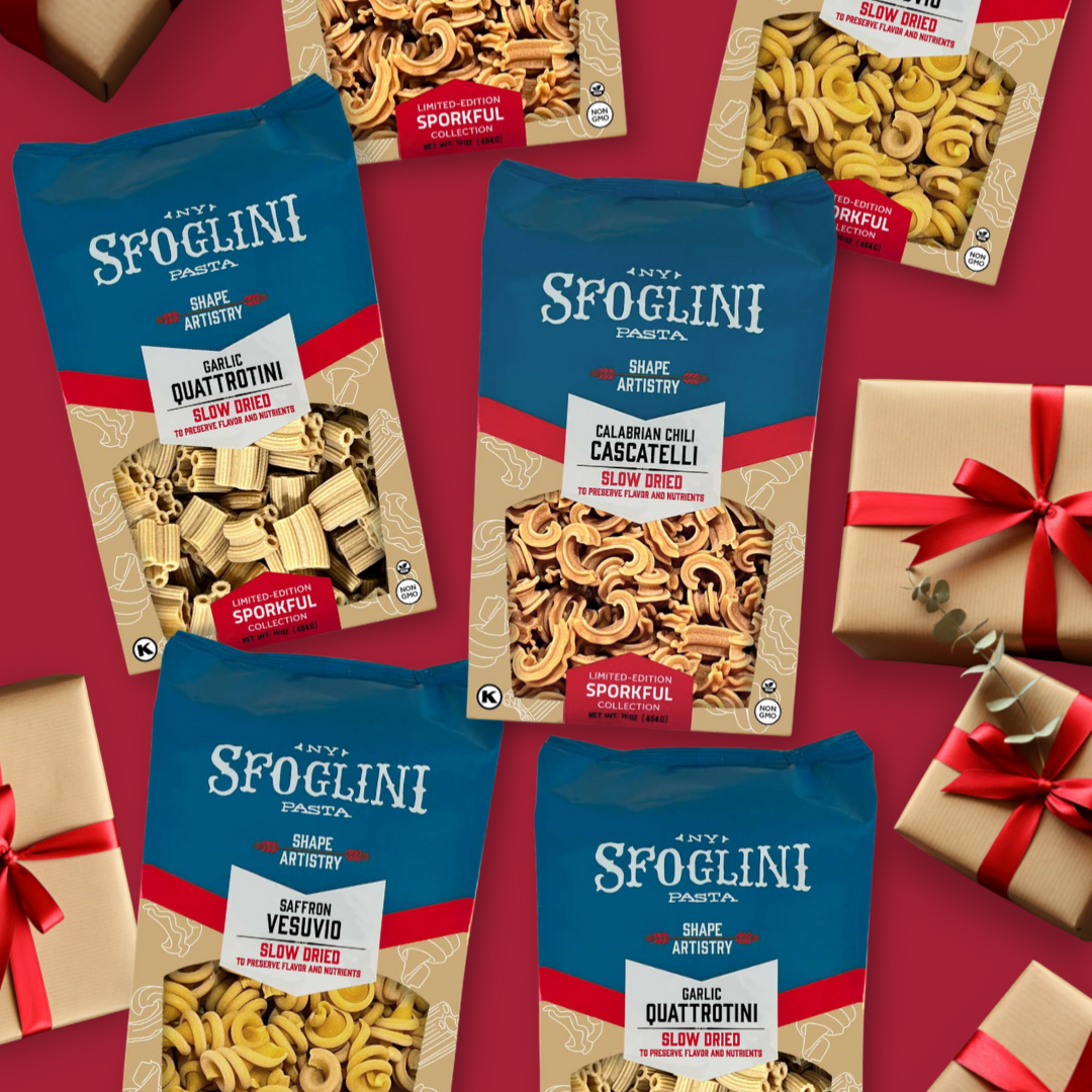 The Limited-Edition Sporkful Collection: Calabrian Chili Cascatelli, Garlic Quattrotini, and Saffron Vesuvio pasta bags on red background