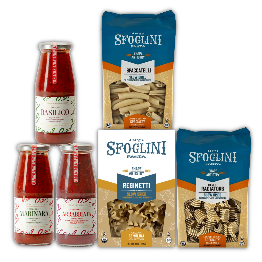 Sfoglini Classic Italian Pantry Set - Sfoglini pasta packages and sauce bottles on a white background
