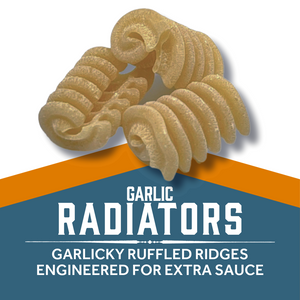 Pasta with ruffled ridges labeled 'Garlic Radiators' and "Garlicky Ruffled Ridges Engineered for Extra Sauce" on a blue and orange background