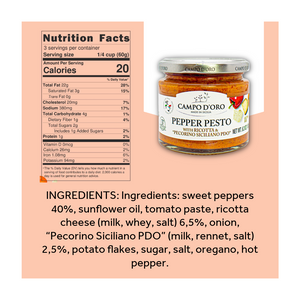 Nutrition facts label for Campo d'Oro pepper pesto with ingredients on a pink background