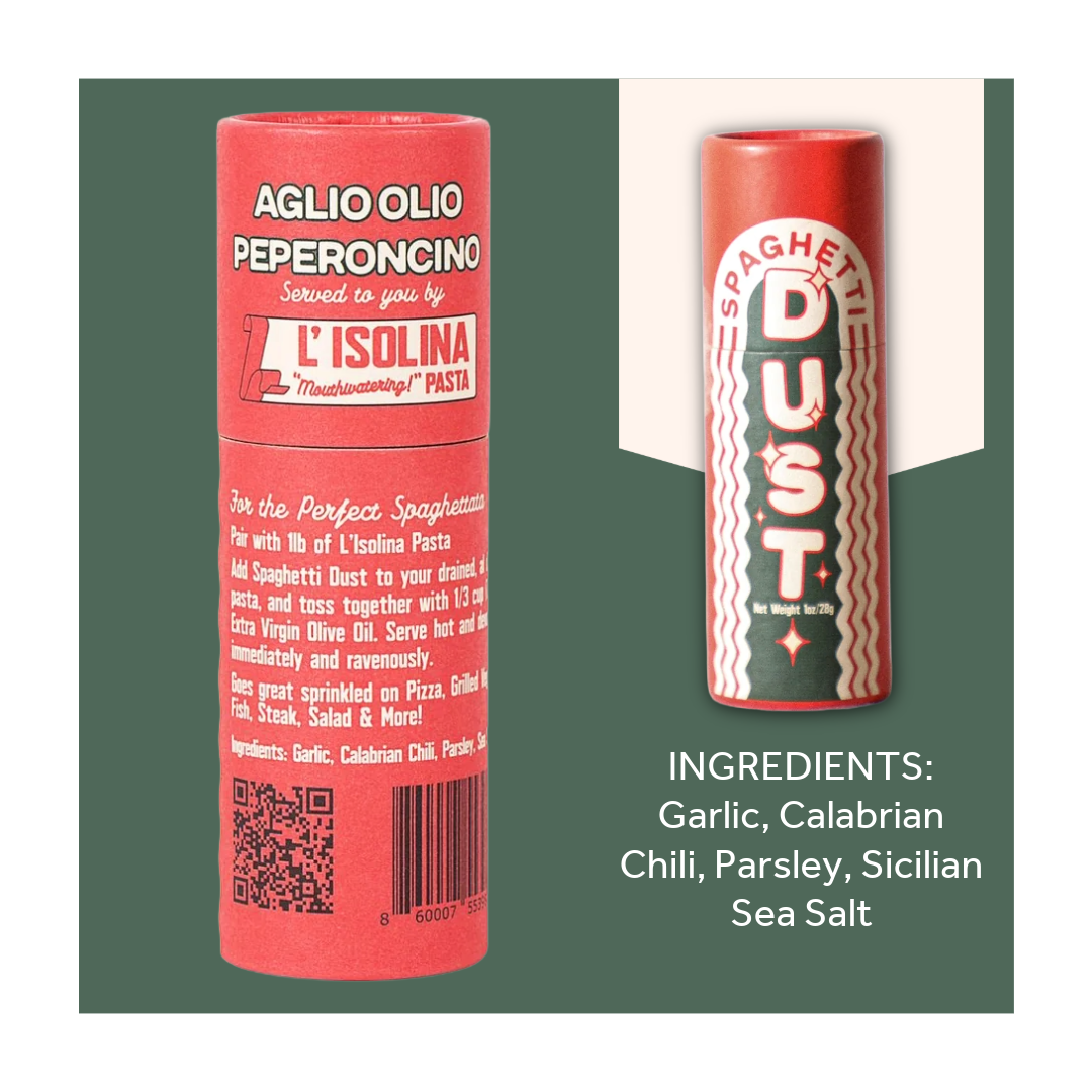 Spaghetti Dust ingredients on a green background
