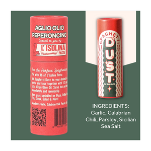 Spaghetti Dust ingredients on a green background