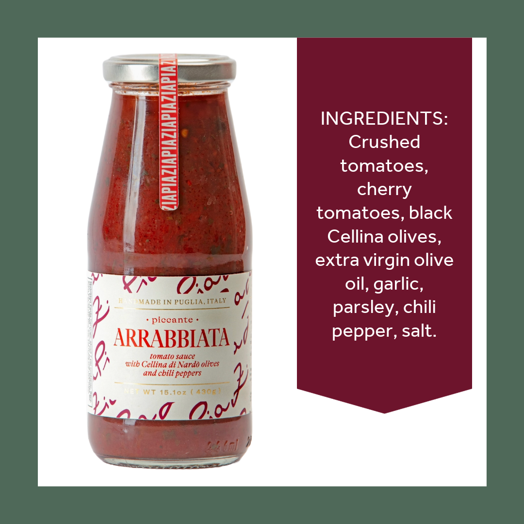 Jar of Arrabbiata tomato sauce with ingredient list on a white background