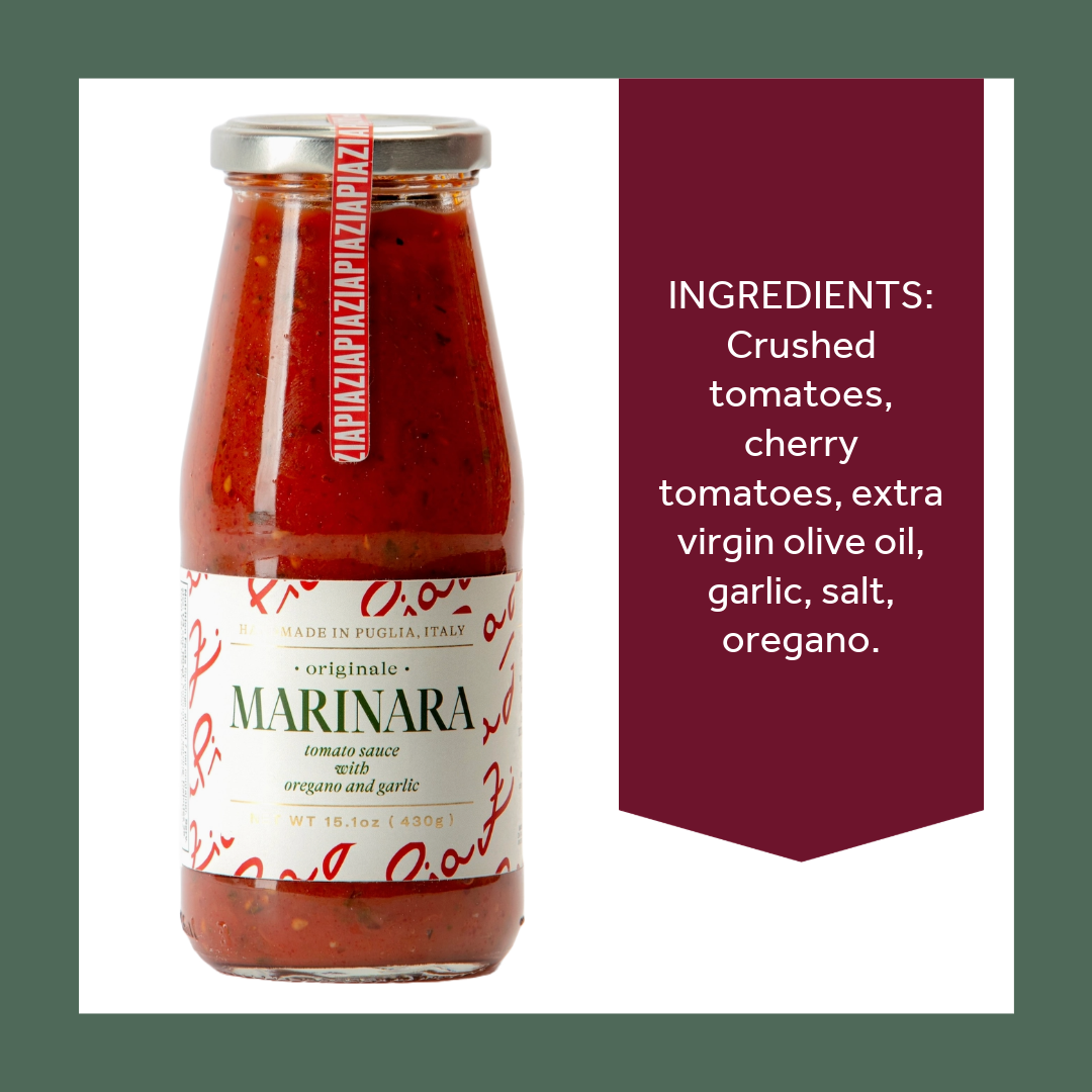 Jar of Marinara sauce with ingredients listed on a white background