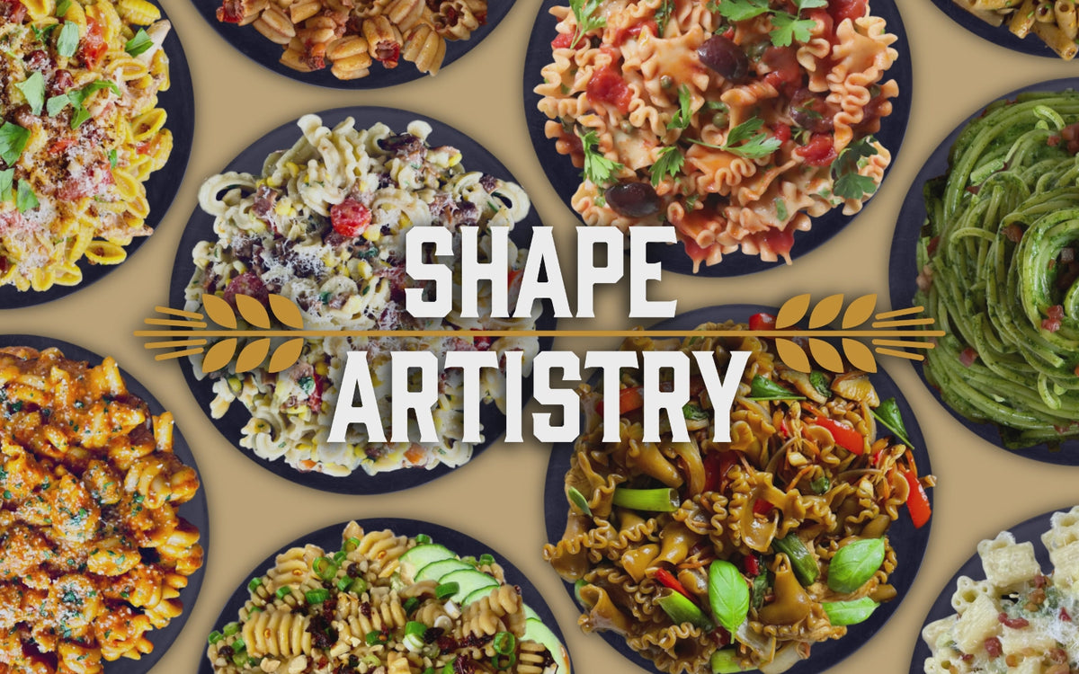 Sfoglini pasta of various shapes on plates. On kraft background with "Shape Artistry" in white and golden wheat icons