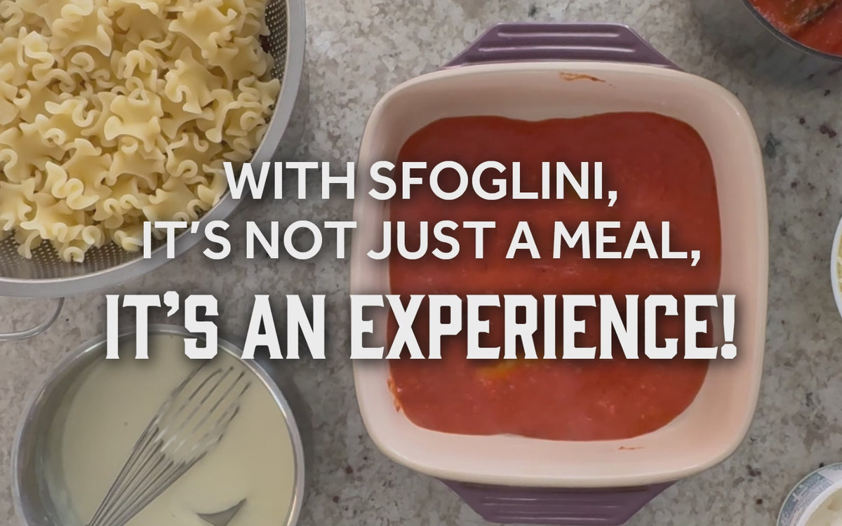 Video of lasagna being layered with Sfoglini Reginetti, red sauce, cream sauce, and cheese. With the text "With Sfoglini, it's not just a meal, it's an experience!"