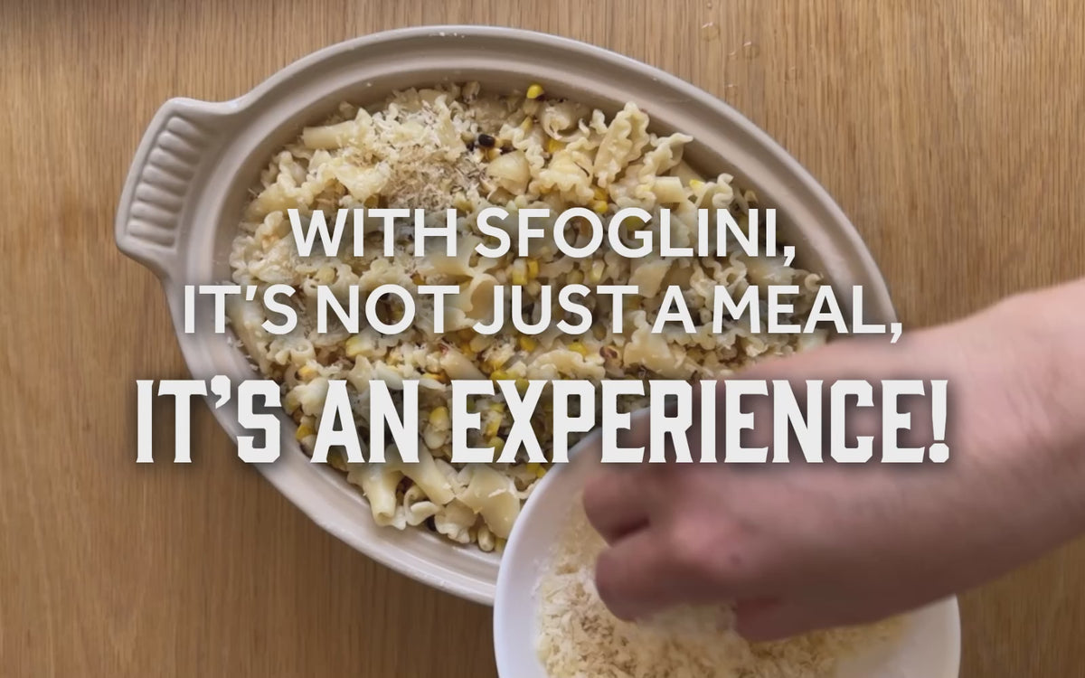 Video of Sfoglini Trumpets being topped with cheee and breadcrubs and the finished baked pasta dish. With the text "With Sfoglini, it's not just a meal, it's an experience!"