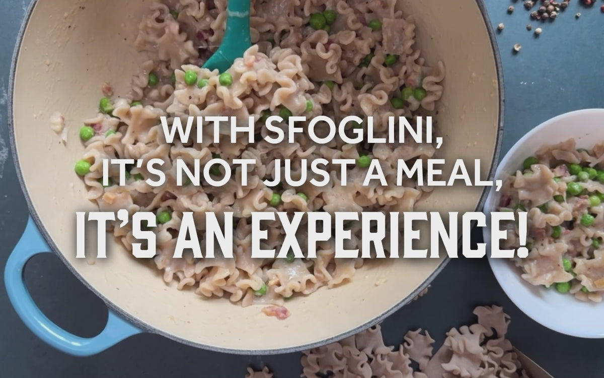 Video of Sfoglini Whole Grain Reginetti with peas and cheese. With the text "With Sfoglini, it's not just a meal, it's an experience!"