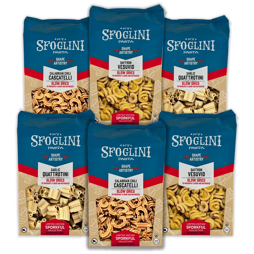 The Limited-Edition Sporkful Collection: Calabrian Chili Cascatelli, Garlic Quattrotini, and Saffron Vesuvio pasta bags on white background