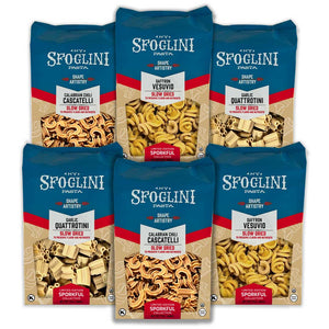 The Limited-Edition Sporkful Collection: Calabrian Chili Cascatelli, Garlic Quattrotini, and Saffron Vesuvio pasta bags on white background