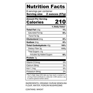 Sfoglini Porcini Trumpets Pasta Nutritional Panel