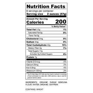 Sfoglini Saffron Malloreddus Organic Pasta  Nutritional Panel