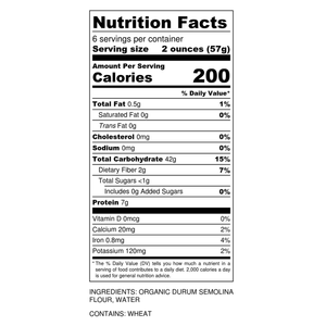 Sfoglini Semolina Reginetti Organic Pasta Nutritional Panel